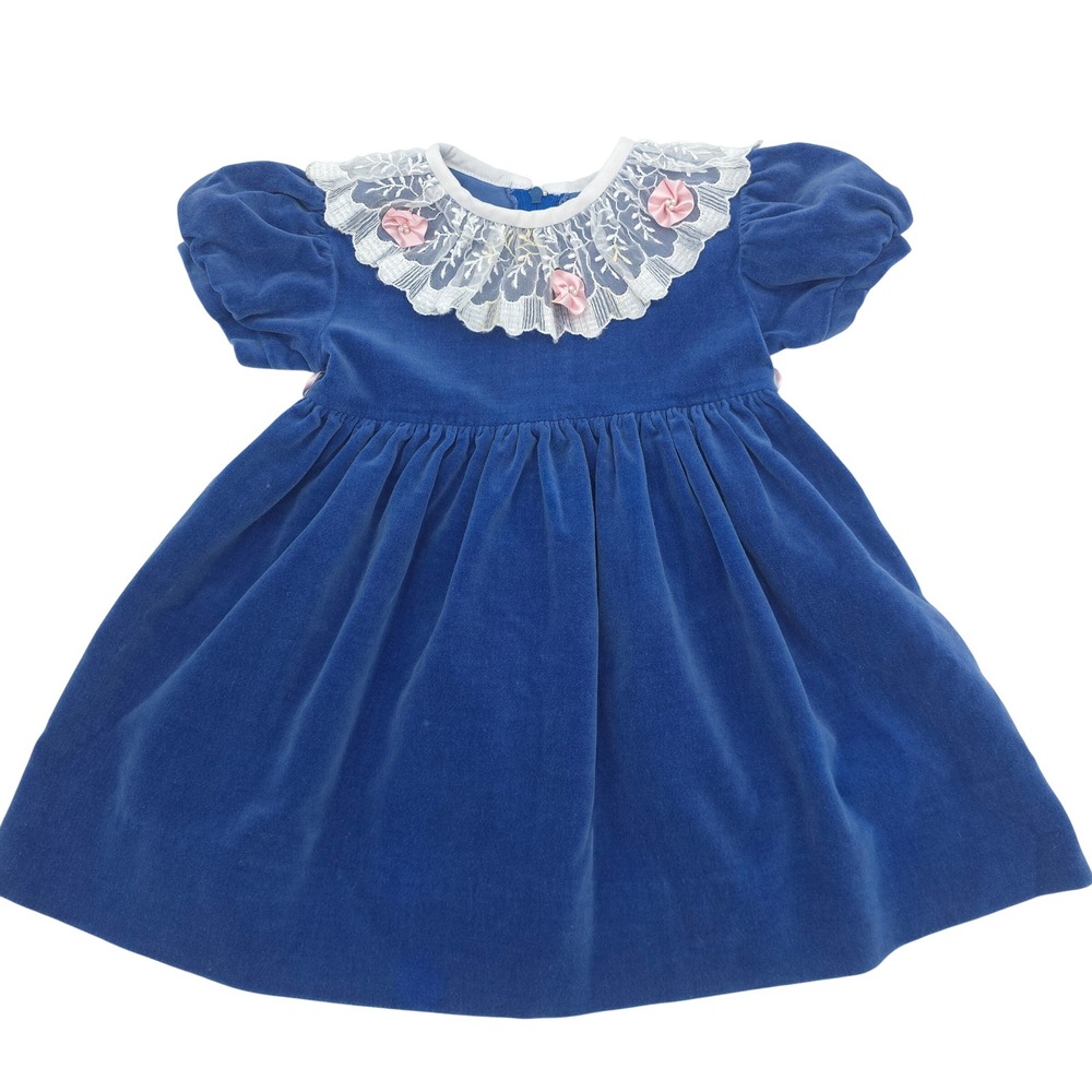 Vintage Velvet Lace Collar Rosette Dress Sylvia Whyte Blue Kids XL Approx 9-12M